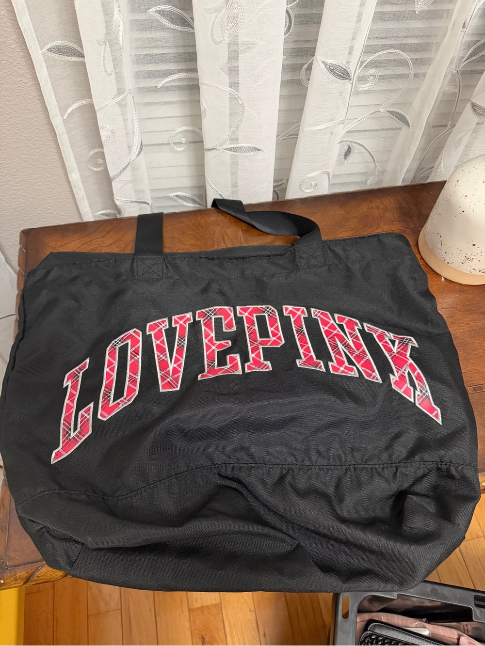 PINK Victoria's Secret Black Tote with Red Plaid 'LOVEPINK' Logo